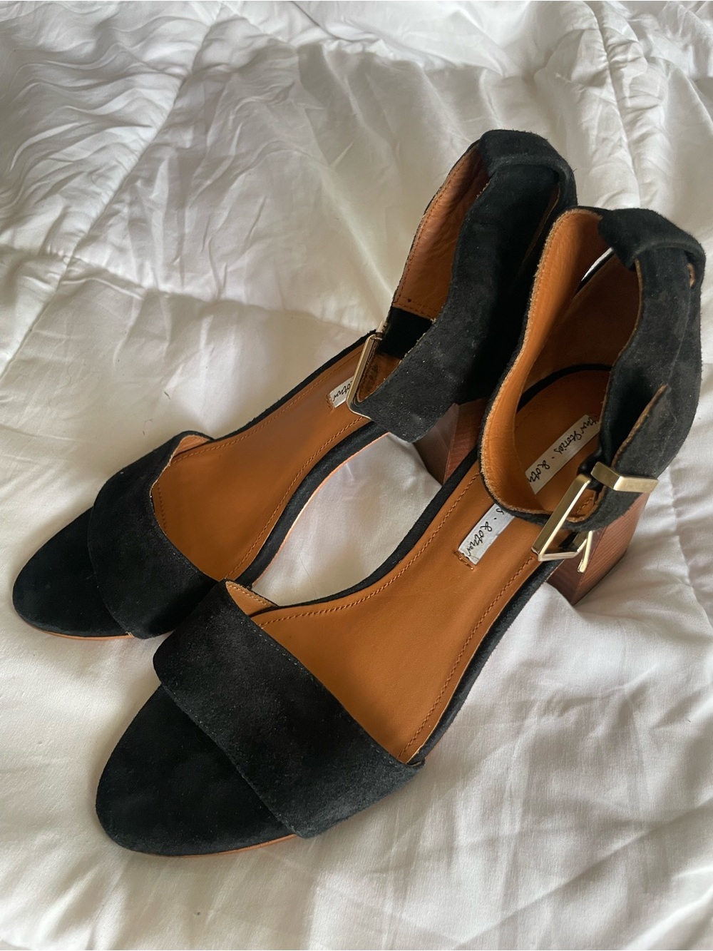 & other stories Black Suede Block Heel Sandals with Gold Buckle Accent